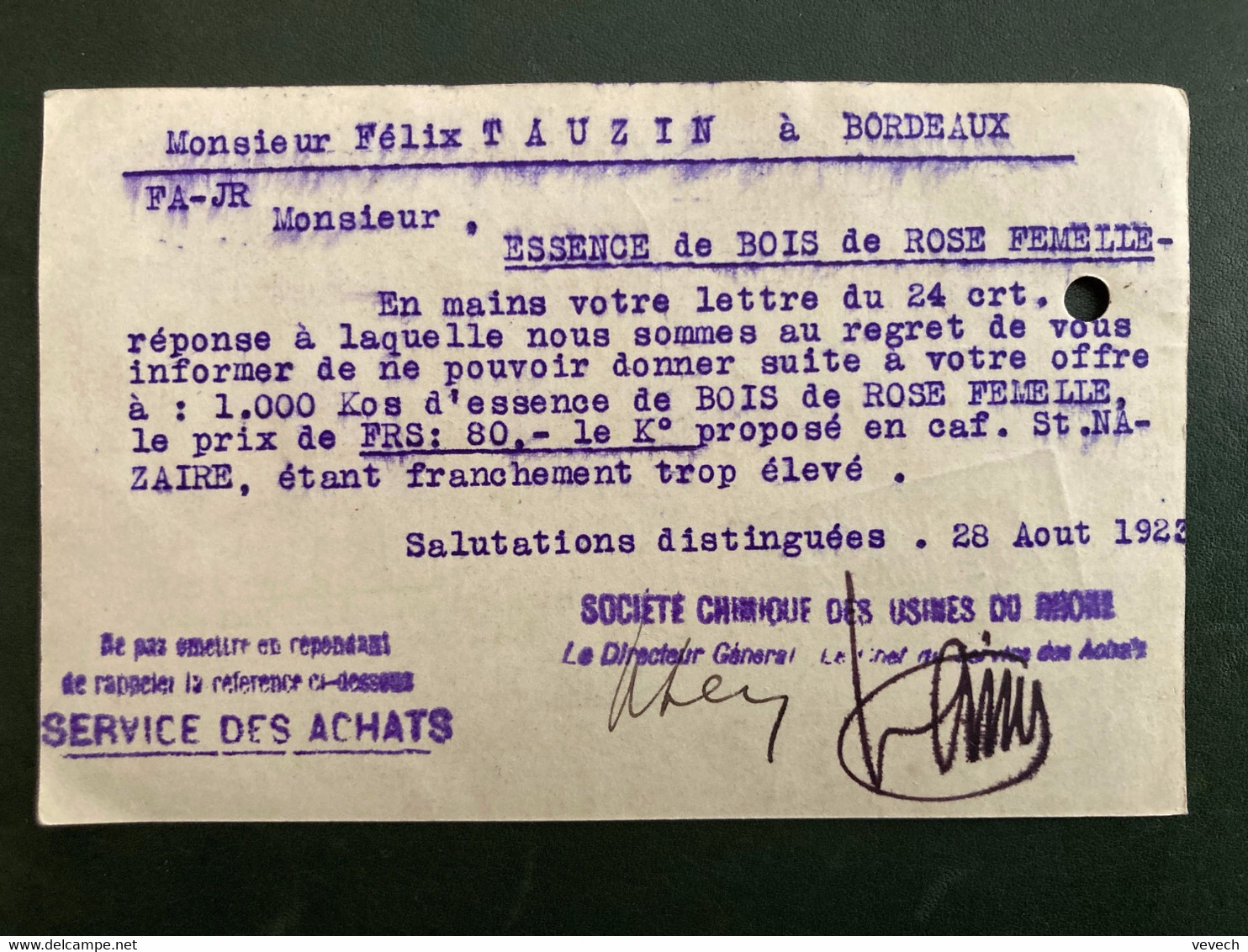 CP TP SEMEUSE 20c Perforé SC OBL.MEC.28 VIII1923PARIS 47 + SOCIETE CHIMIQUE DES USINES DU RHONE - Covers & Documents