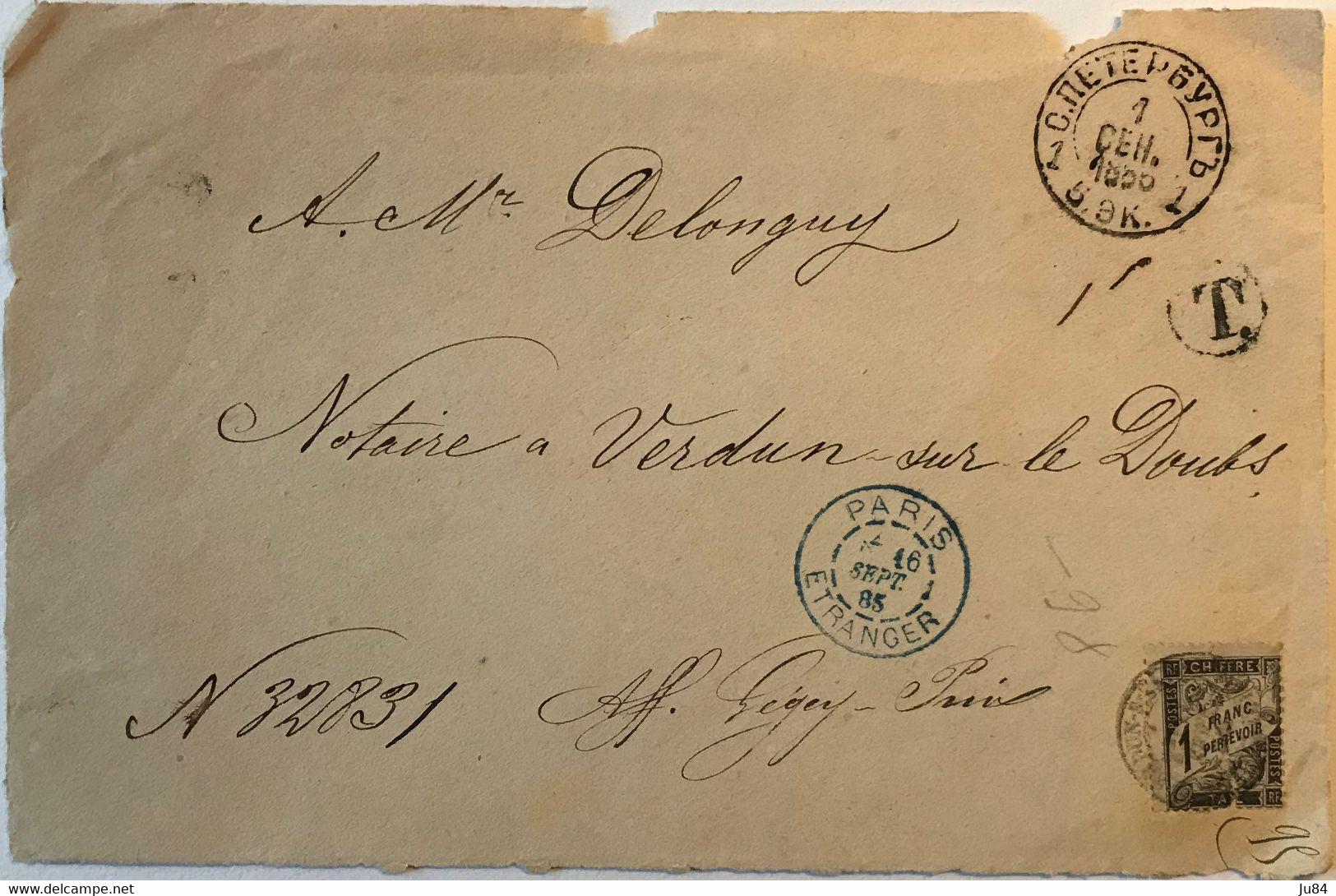 Paris étranger - Devant De Lettre Taxée De Russie (St Pétersbourg) Pour La France - Taxe 1fr Pour Non Affranchie - 1885 - 1877-1920: Semi Modern Period