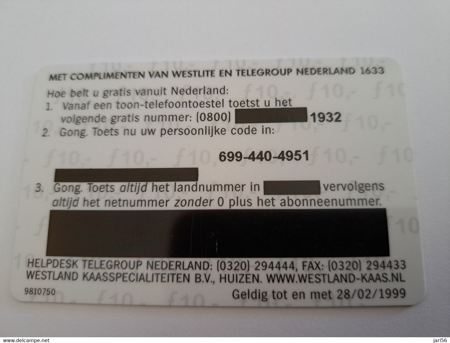 NETHERLANDS  HFL 10,- WESTLITE CHEESE CARD/ THICK CARD     / OLDER CARD    PREPAID  Nice Used  ** 11203** - Cartes GSM, Prépayées Et Recharges