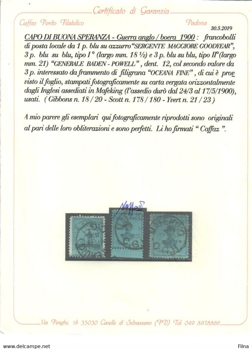 CAPO DI BUONA SPERANZA BRITISH KAFFRARIA - GUERRA ANGLO/BOERA 1900 - GOODYEAR - BADEN POWELL - CERTIFICATO "CAFFAZ" - Kap Der Guten Hoffnung (1853-1904)