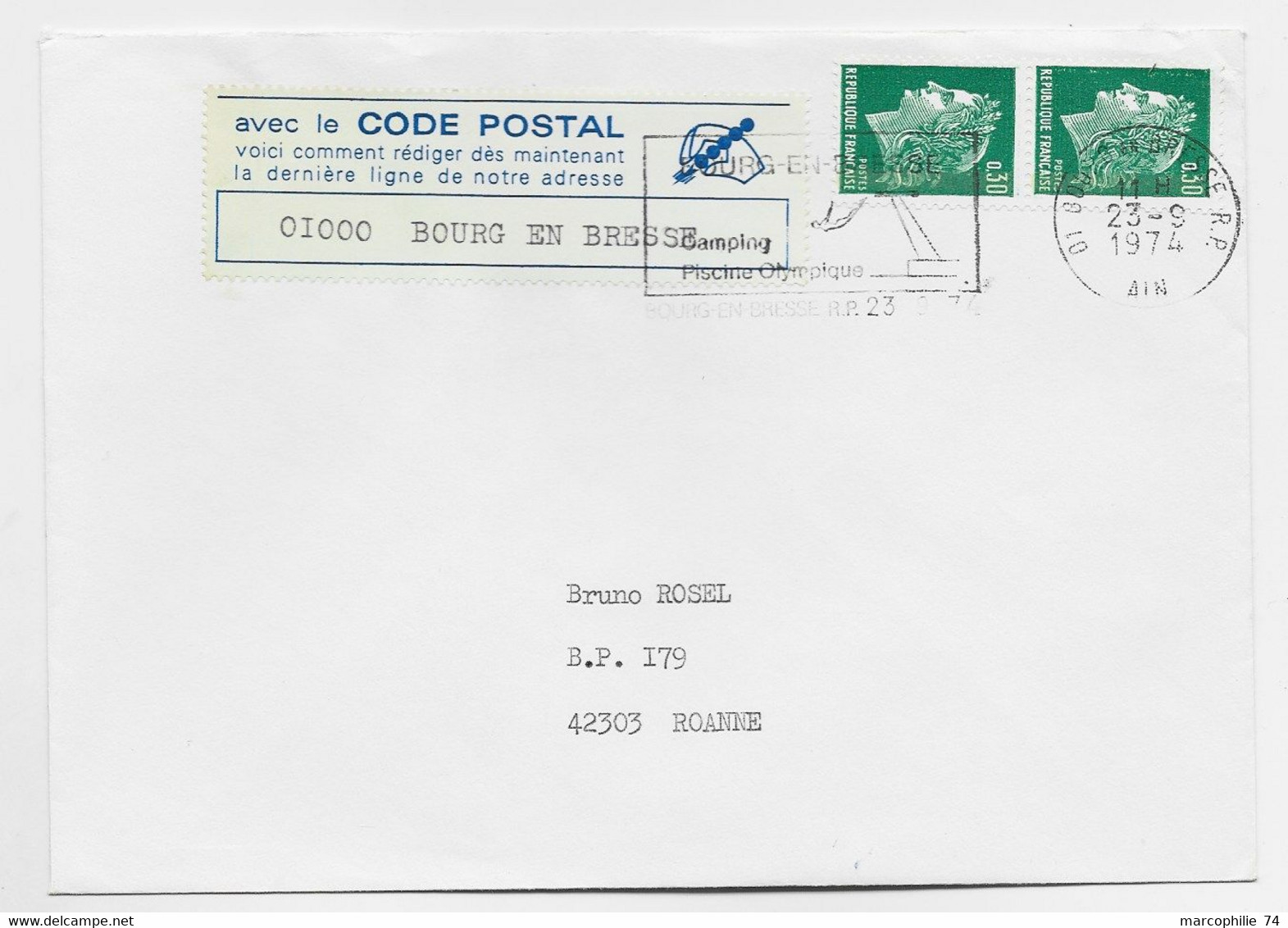 CHEFFER 30C PAIRE LETTRE MEC 01 BOURG EN BRESSE 23.9.1974 + VIGNETTE CODE POSTAL - 1967-1970 Maríanne De Cheffer