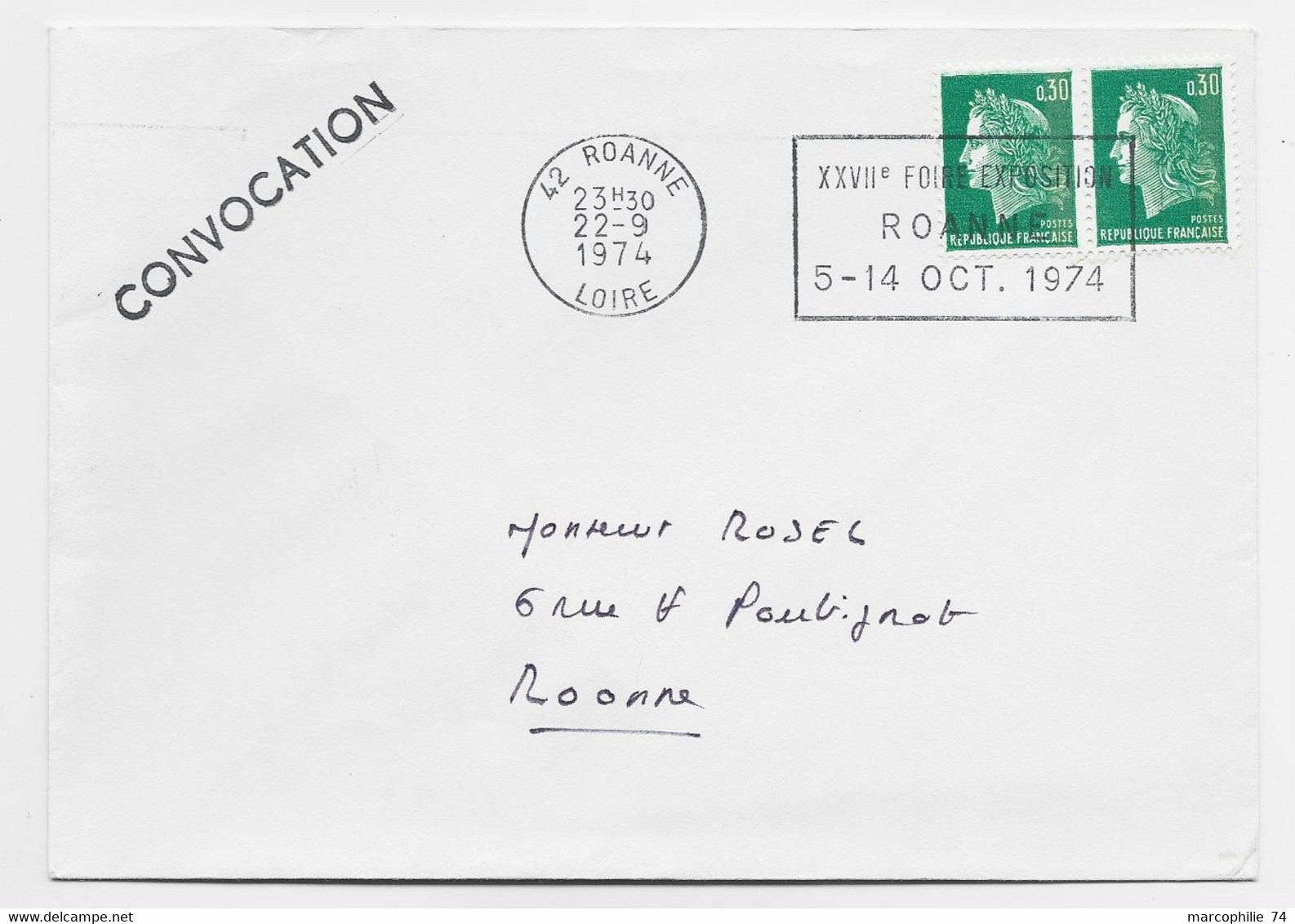 CHEFFER 30C PAIRE LETTRE MEC ROANNE 22.9.1974 + CONVOCATION - 1967-1970 Marianne Of Cheffer