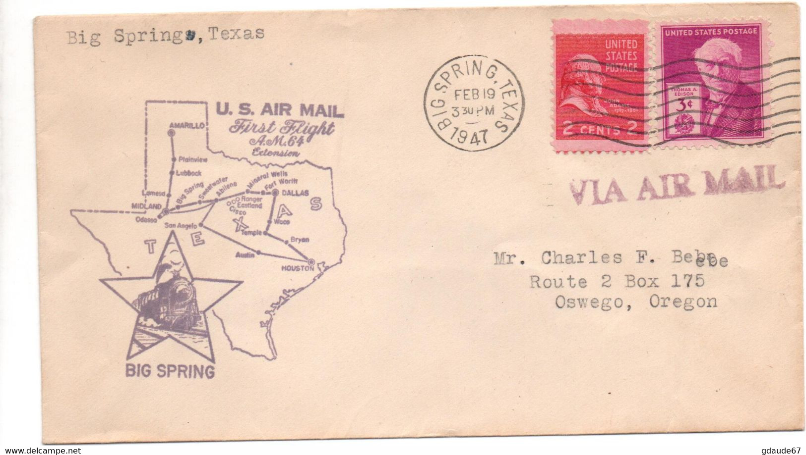 1947 - ENVELOPPE 1er PREMIER VOL / FIRST FLIGHT AIR MAIL De BIG SPRING (USA) - POSTE AERIENNE / AVION / AVIATION - 2c. 1941-1960 Briefe U. Dokumente