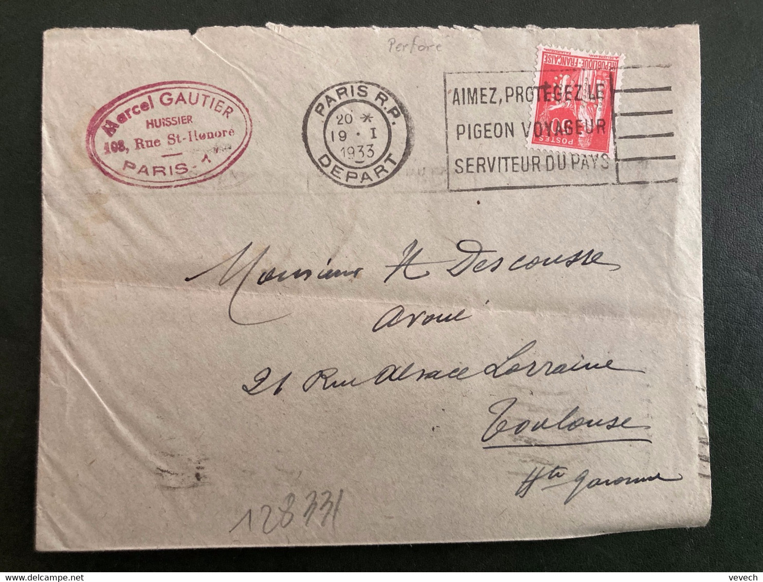LETTRE TP PAIX 50c Perforé MG OBL.MEC.19 I 1933 PARIS RP DEPART + Marcel GAUTIER Huissier + OBL.MEC. Arrivée TOULOUSE PP - Covers & Documents