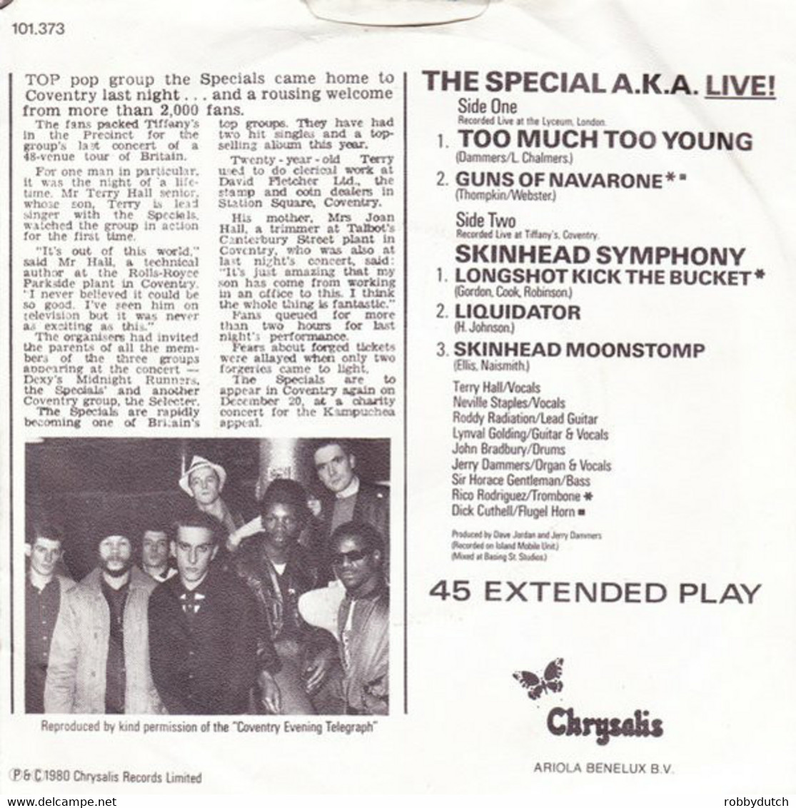 * 7" EP *   SPECIAL A.K.A. LIVE - TOO MUCH TOO YOUNG (Holland 1980 EX-) - Reggae