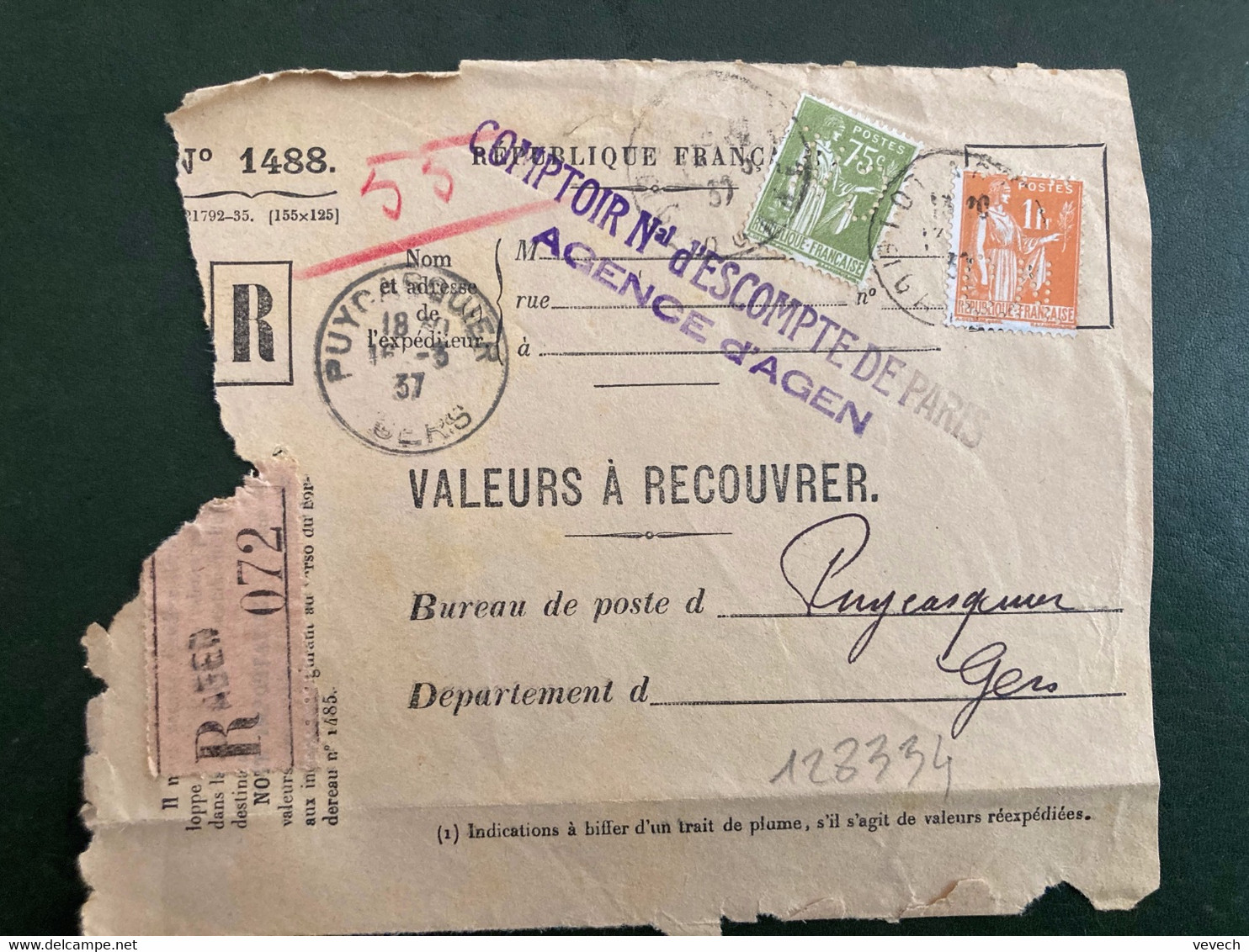 DEVANT LR VALEURS A RECOUVRER TP PAIX 1F + 75c Perforé C.N. OBL.13-3 37 AGEN LOT ET GARONNE (47) COMPTOIR D'ESCOMPTE - Covers & Documents