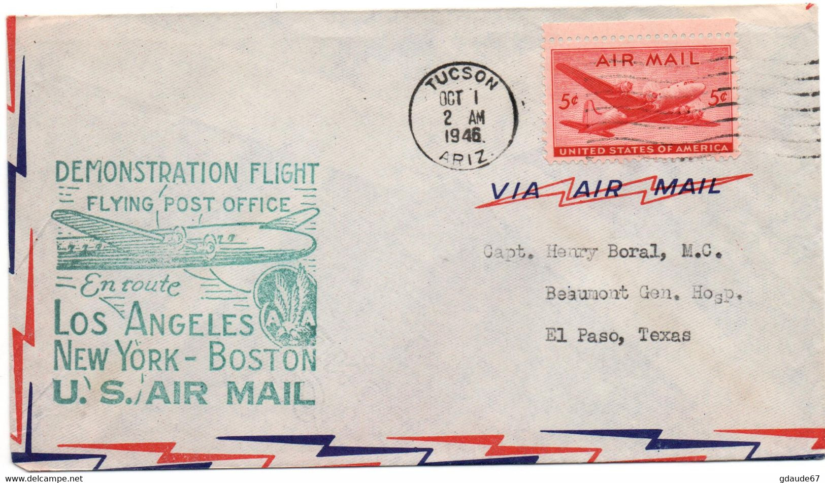 1946 - ENVELOPPE DEMONSTRATION FLIGHT AIR MAIL LOS ANGELES NEW YORK BOSTON De TUCSON - POSTE AERIENNE / AVION / AVIATION - 2c. 1941-1960 Lettres