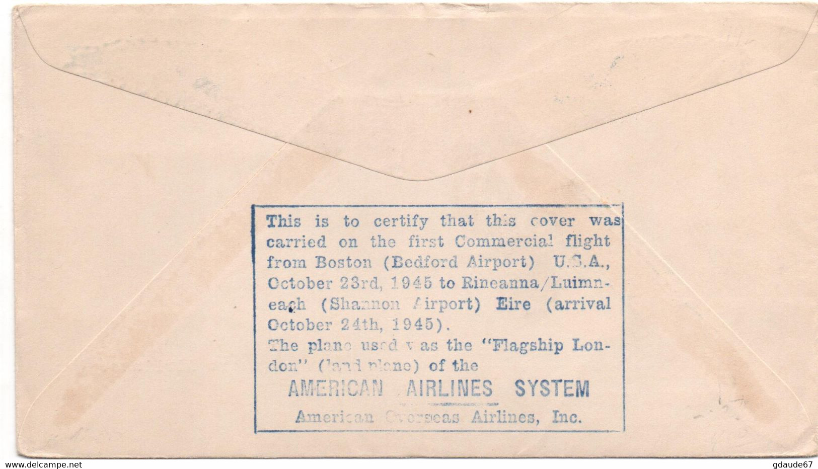 1945 - ENVELOPPE 1er PREMIER VOL / FIRST COMMERCIAL LAND PLANE FLIGHT OVERSEAS - POSTE AERIENNE / AVION / AVIATION - 2c. 1941-1960 Lettres