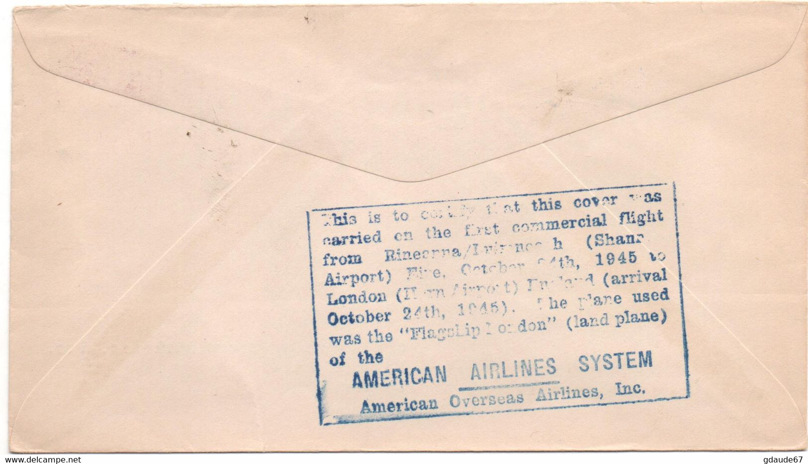 1945 - ENVELOPPE 1er PREMIER VOL / FIRST COMMERCIAL LAND PLANE FLIGHT OVERSEAS - POSTE AERIENNE / AVION / AVIATION - Poste Aérienne