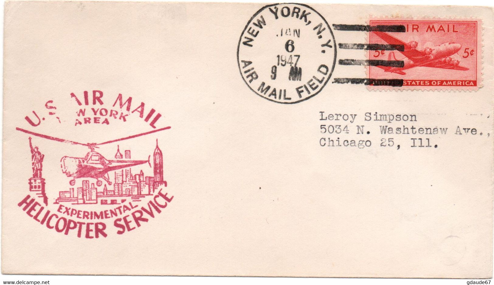 1947 - ENVELOPPE EXPERIMENTAL HELICOPTER SERVICE US AIR MAIL NEW YORK AREA - POSTE AERIENNE / AVION / AVIATION - 2c. 1941-1960 Lettres