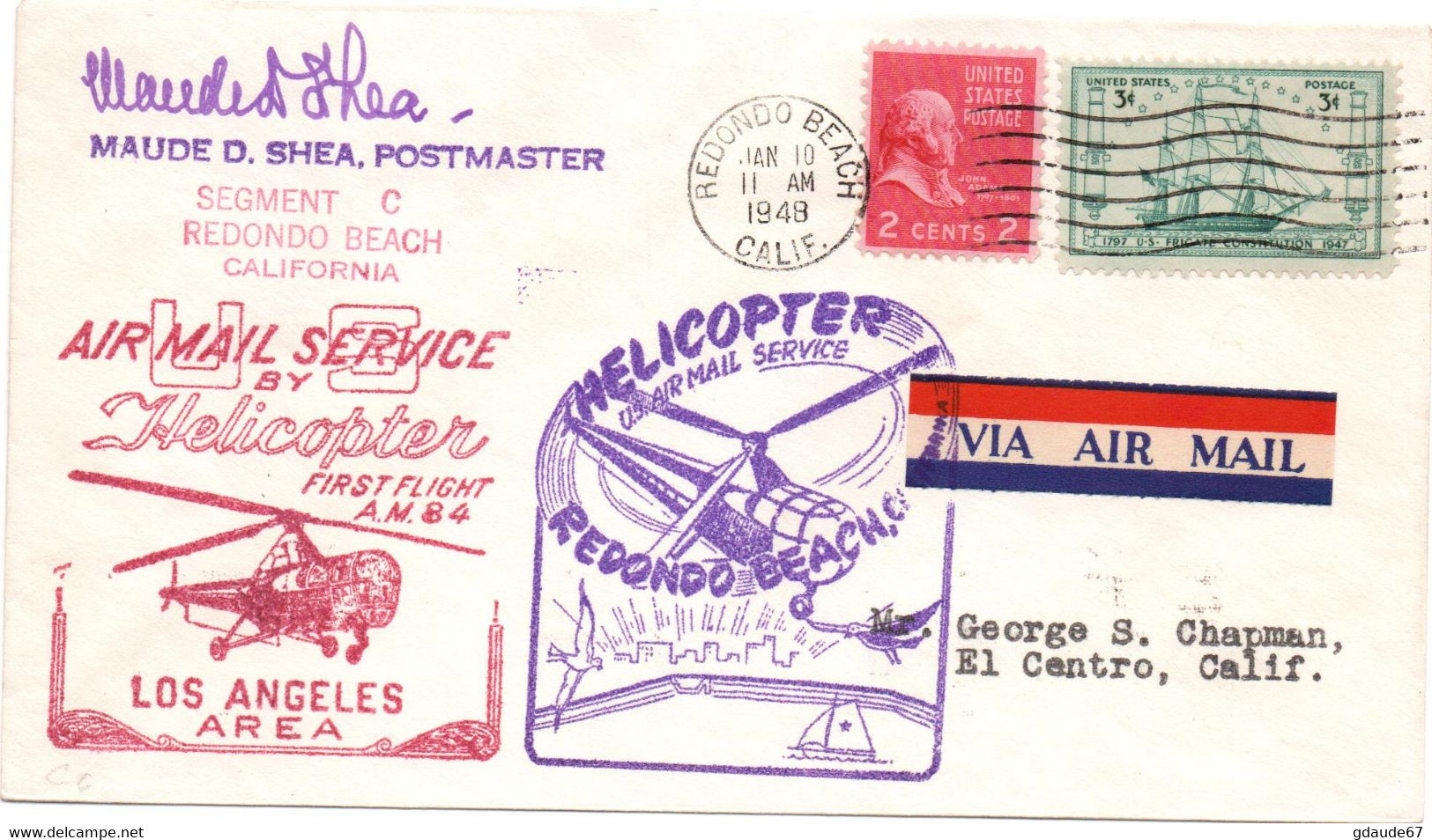 1948 - ENVELOPPE US AIR MAIL SERVICE BY HELICOPTER FIRST FLGHT LOS ANGELES AREA - POSTE AERIENNE / AVION / AVIATION - 2c. 1941-1960 Lettres