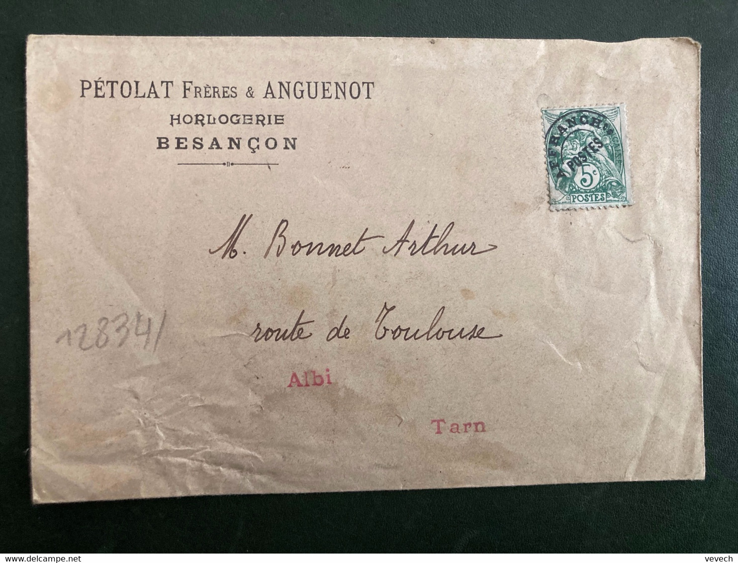 LETTRE PETOLAT FRERES & ANGUENOT HORLOGERIE BESANCON (25) TP PREO BLANC 5c - 1893-1947