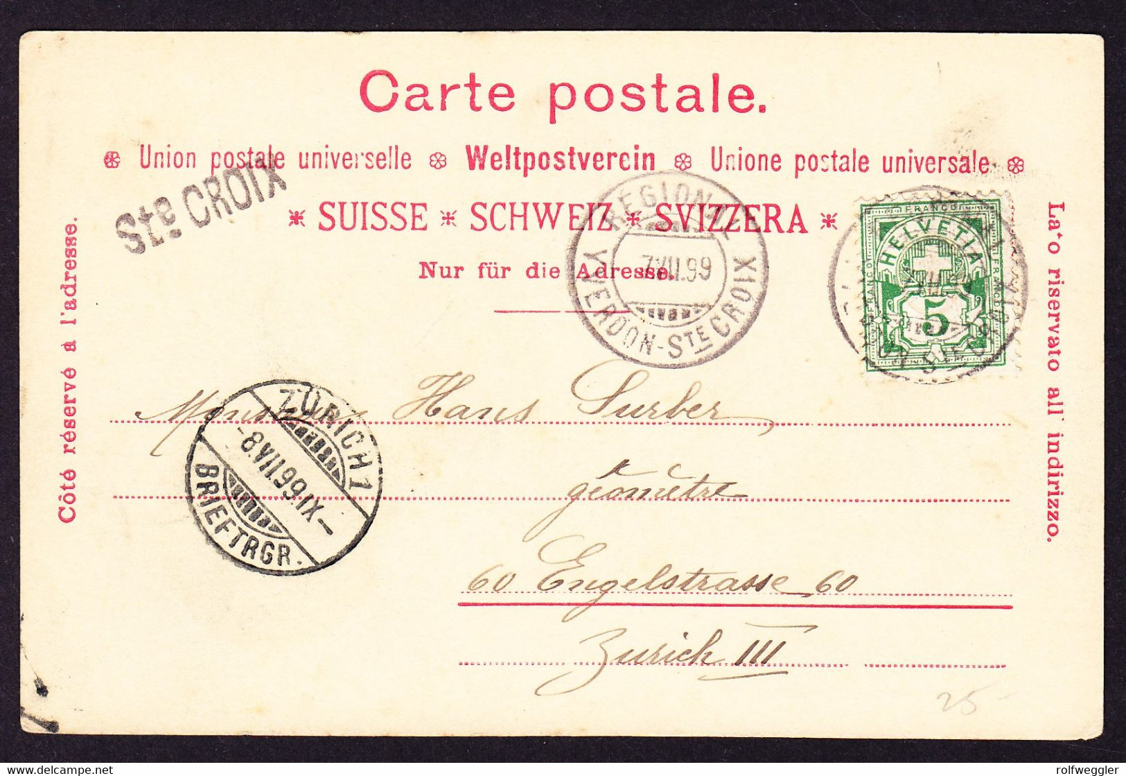 1899 Mit Bahnpost Gelaufene AK Aus Sainte-Croix. Regional Yverdon - Sainte-Croix. - Sainte-Croix 