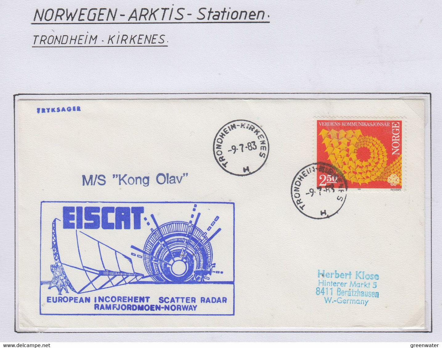 Norway Trondheim-Kirkenes " European Radar M/s Kong Olav"  Cover Ca Trondheim-Kirkenes 9.7.1983 (NI225) - Covers & Documents