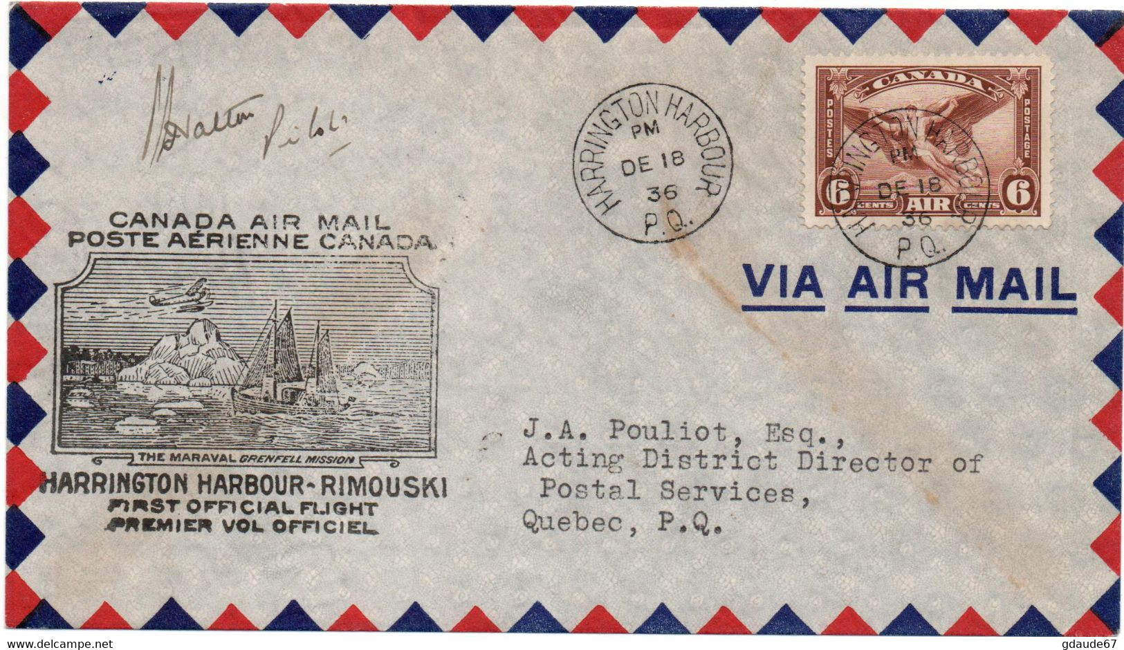 1936 - ENVELOPPE 1er PREMIER VOL / FIRST FLIGHT AIR MAIL De HARRINGTON HARBOUR CANADA - POSTE AERIENNE AVION / AVIATION - Luchtpost