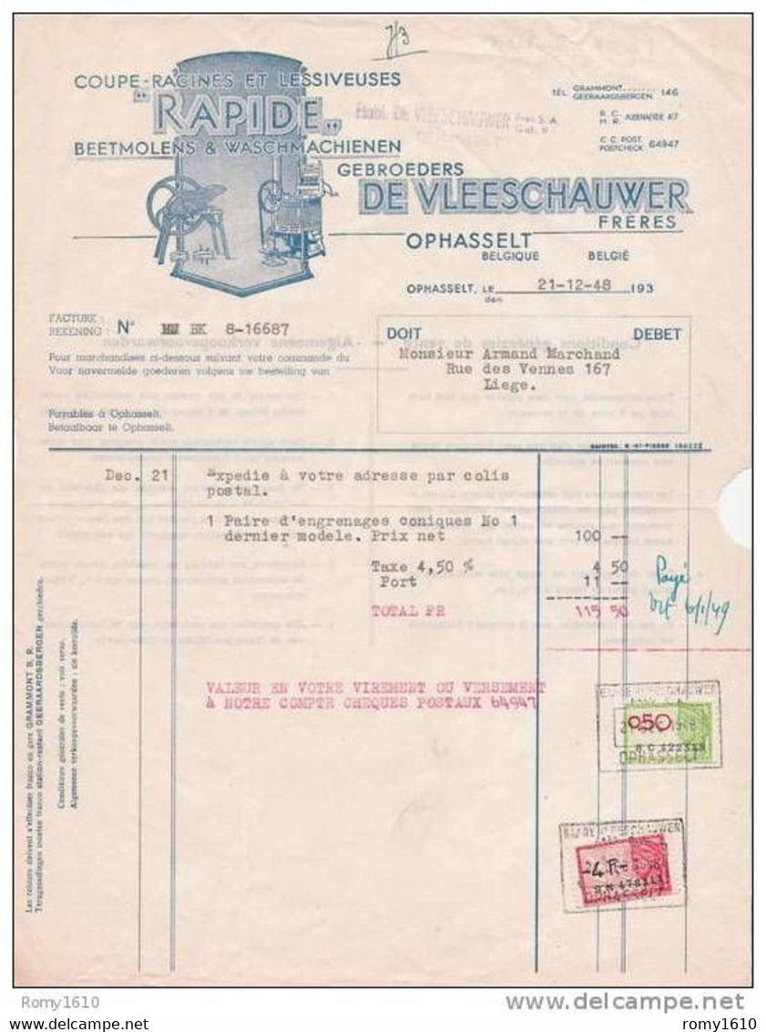 OPHASSELT - Superbe Facture Des Etablissements De Vleeschauwer - Coupe-Racines, Lessiveuses (1948) - Agricoltura