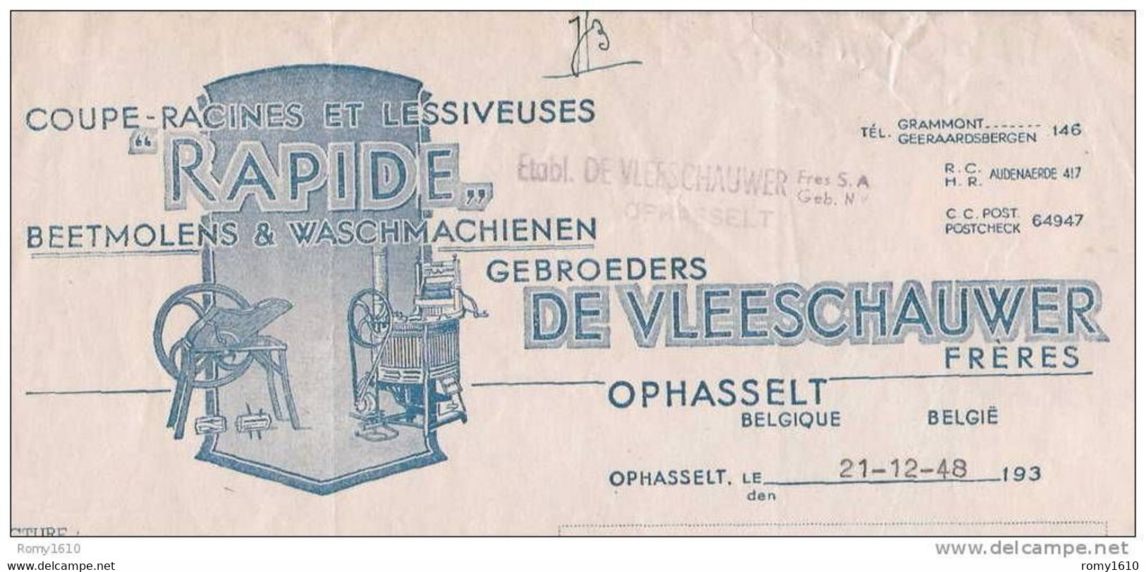 OPHASSELT - Superbe Facture Des Etablissements De Vleeschauwer - Coupe-Racines, Lessiveuses (1948) - Landwirtschaft