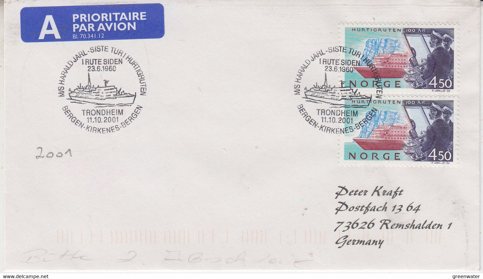 Norway Trondheim "M/S Harald Jarl - Siste Turi Hurtigruten" " Cover Ca Trondheim 11.10.2001 (NI226) - Brieven En Documenten