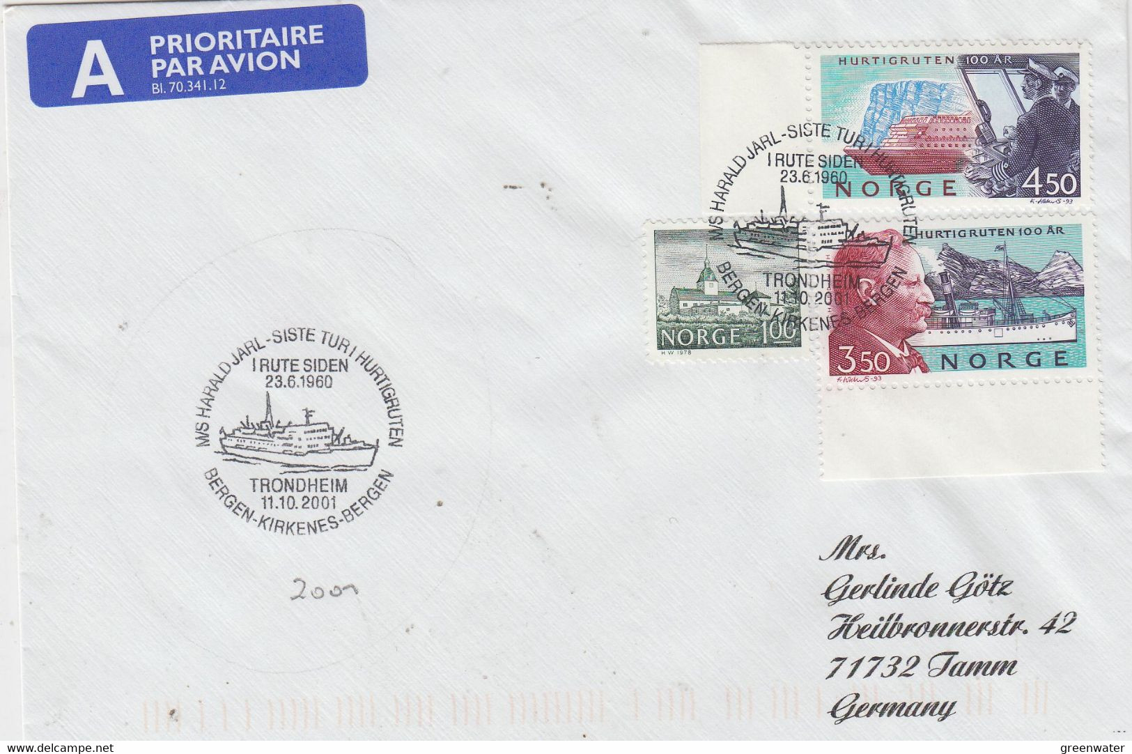 Norway Trondheim "M/S Harald Jarl - Siste Turi Hurtigruten" " Cover Ca Trondheim 11.10.2001 (NI226A) - Storia Postale