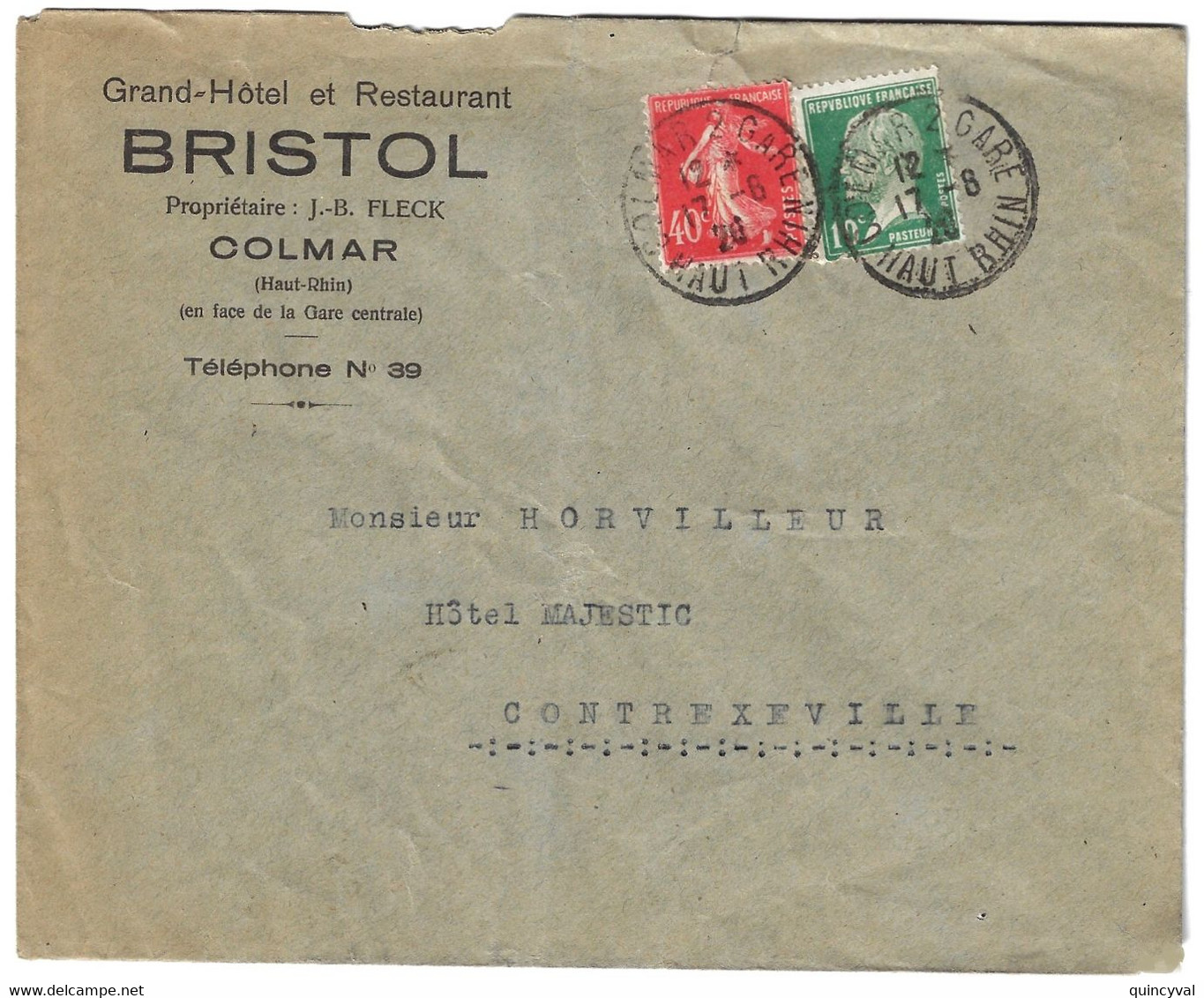 COLMAR 2 GARE Haut Rhin Lettre Entête Hôtel BRISTOL 10C Pasteur Vert 40c Semeuse Vermillon Yv 194 170 - Storia Postale