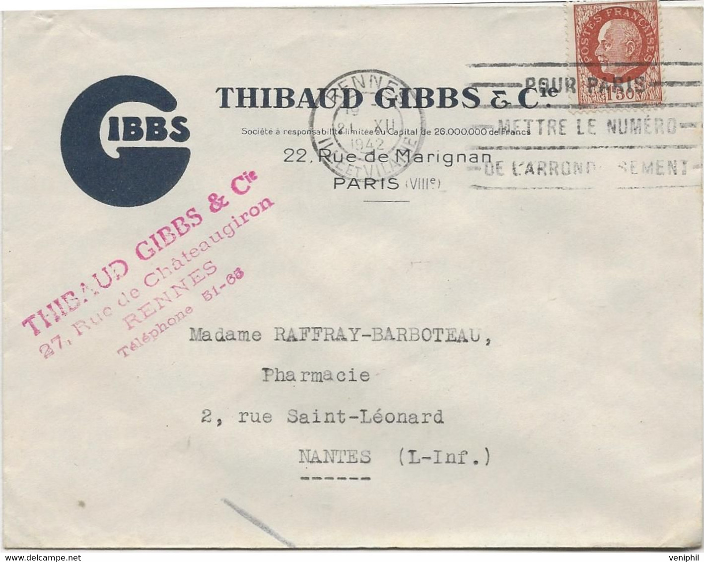 LETTRE PUBLICITAIRE ILLUSTREE - GIBBS -THIBAUD GIBBS -  -AFFRANCHIE N° 517 - ANNEE 1942 - Storia Postale