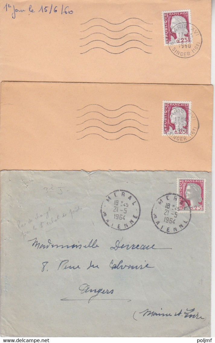 F 3 Lettres Obl. Flamme Paris XV R. SingerI° Le 22 - 6 1960 Et Meral Le 21/5/64 Sur 0c25 Marianne De Decaris N° 1263 - 1960 Marianne Van Decaris