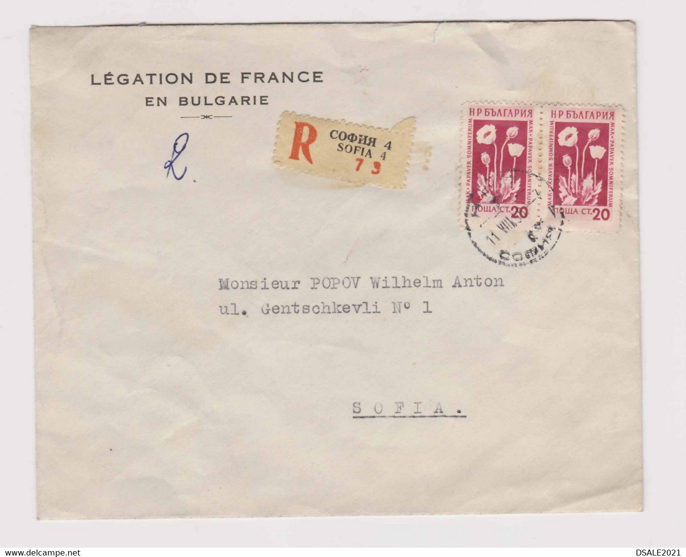 France French Embassy Legation In Sofia Cover Registered W/Mi-Nr.879/2x20st. (Papaver-Flower) Stamp 1956 Bulgaria /ds672 - Storia Postale