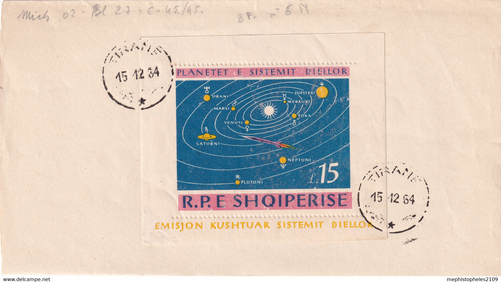 ALBANIA 1964 - Tirana Cancel - Mi Block 27 - Planets System - On Enveloppe - Albania