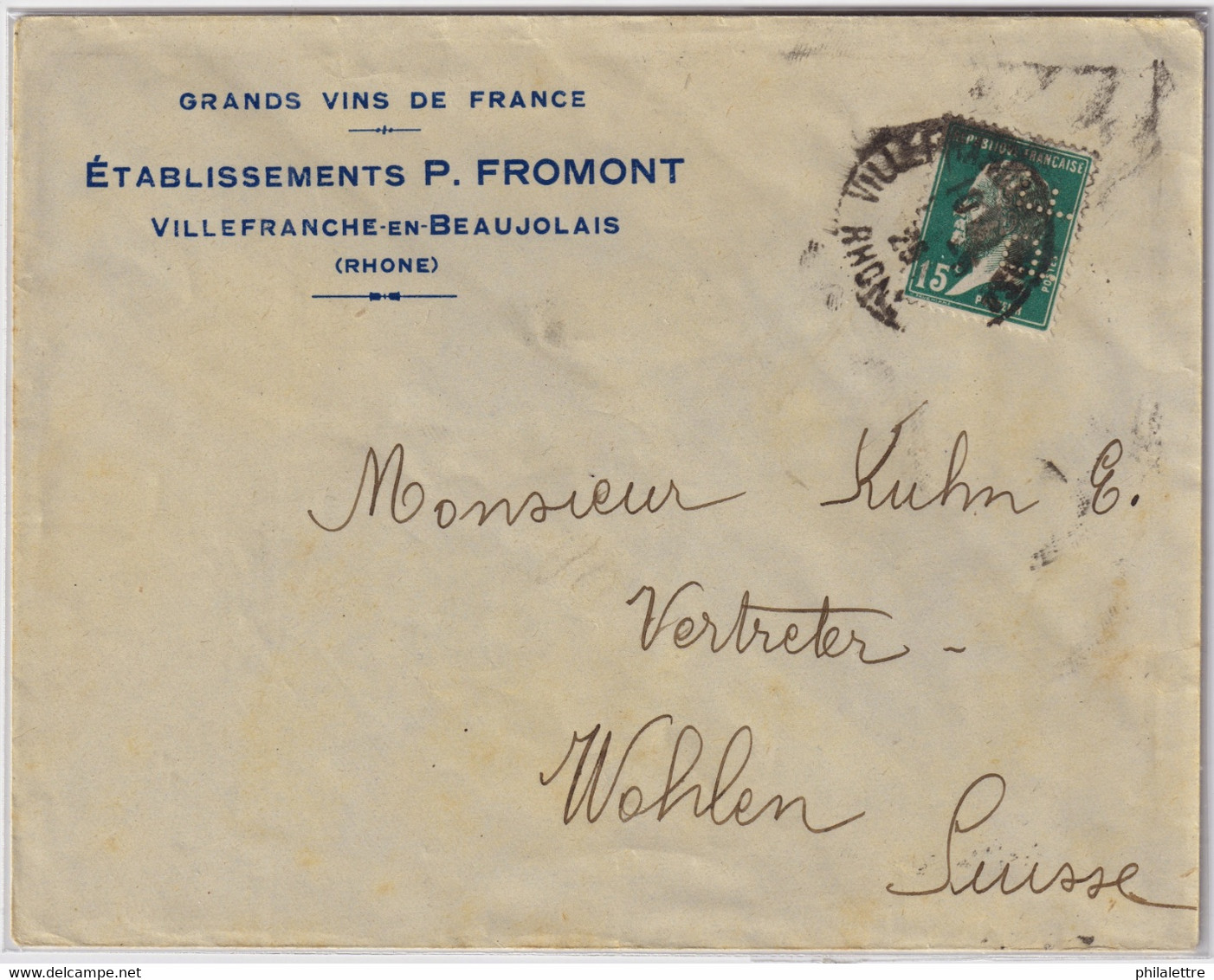 FRANCE - 1925 - 15c Pasteur (Yv.171) Perforé " P.F. " Sur LSC Des Etablissements P. FROMONT à Villefranche-en-Beaujolais - Storia Postale