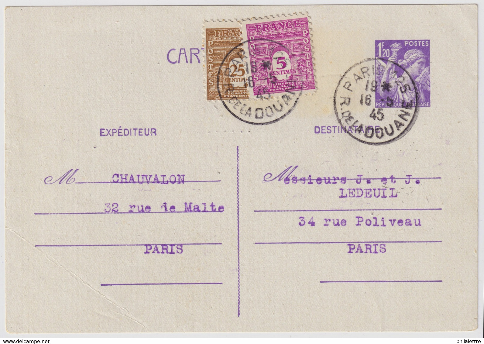 FRANCE - 1945 5c & 25c Arc De Triomphe (Yv.620 & 622) En Complément Sur CP 1f20 Iris De Paris à Paris - 1944-45 Triomfboog