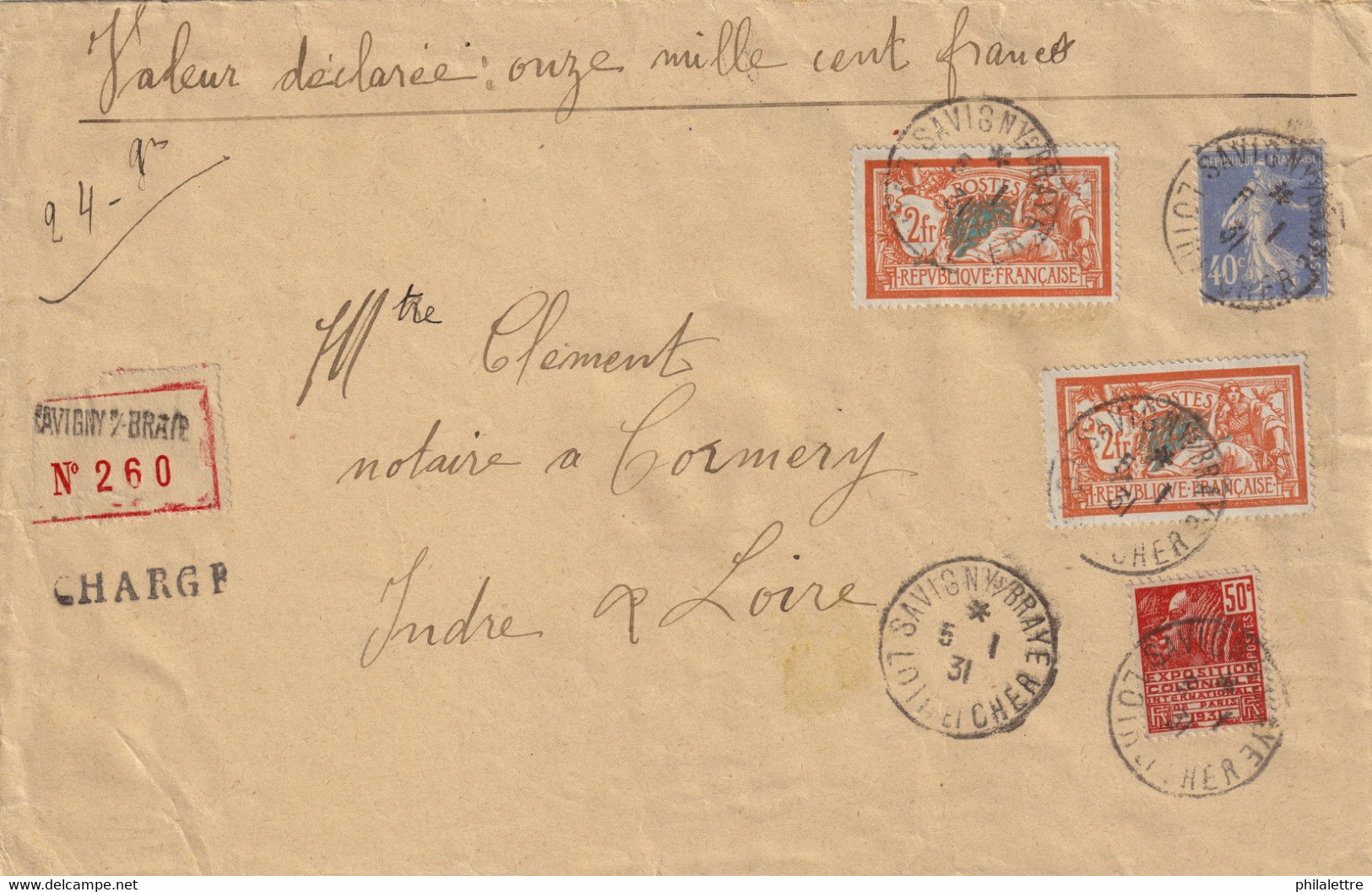 FRANCE - 1931 - LSC Valeur Déclarée (11 Mille Francs) Affranchie 4fr90 Dont 2x 2fr Merson (Yv.145 X2, 237 & 272) - Brieven En Documenten