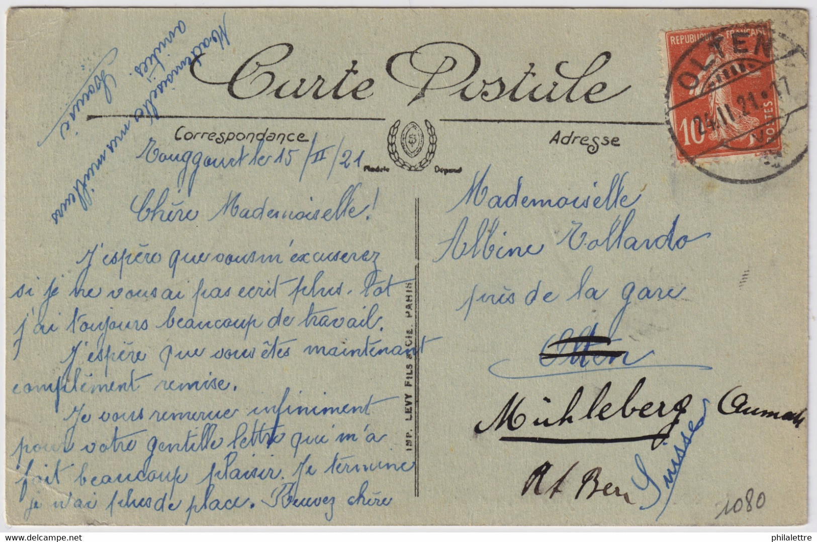 FRANCE - 1921 - 10c Semeuse (Yv.138) Oblitéré OLTEN (Suisse) Sur CPA De TOUGGOURT, Algérie - Lettres & Documents