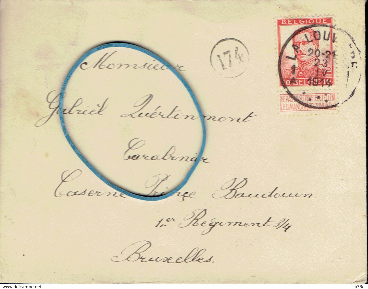 Enveloppe Adressée Au Soldat Gabriel Quertinmont, Carabinier, Caserne Prince Baudouin, Bxl (La Louvière, 23/04/1914) - Historical Documents