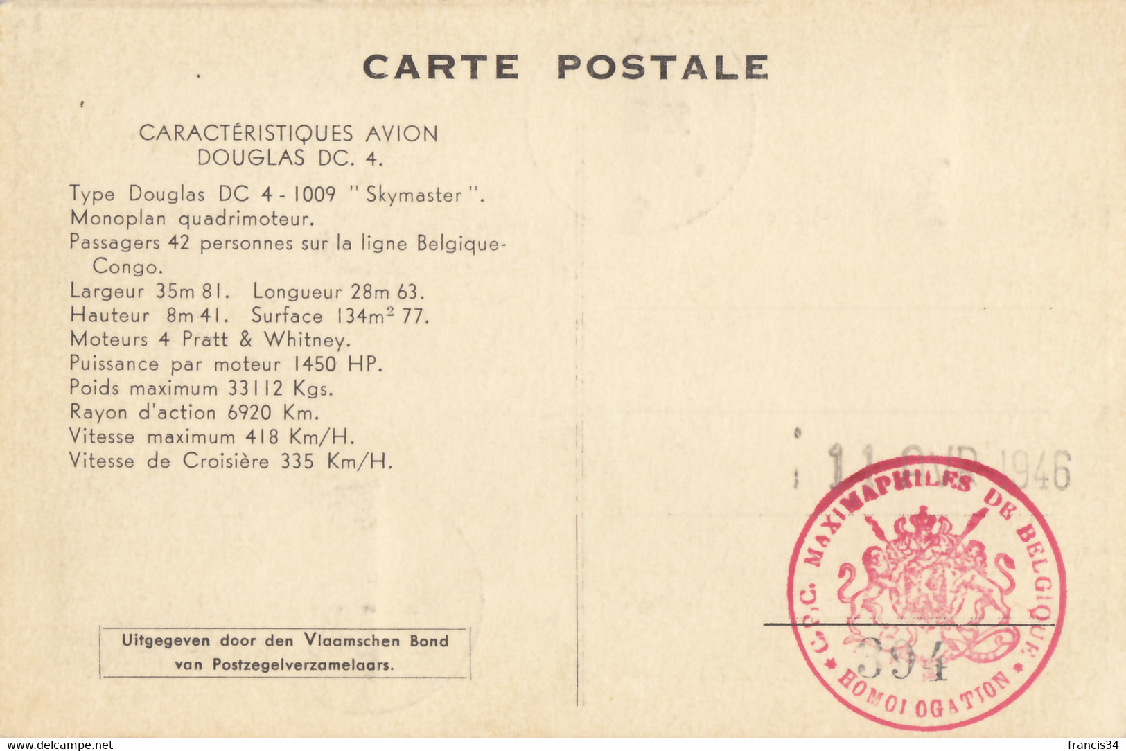 CPA - Douglas DC 4 Skymaster - Compagnie SABENA ( Carte Maximun ) - 1946-....: Modern Era