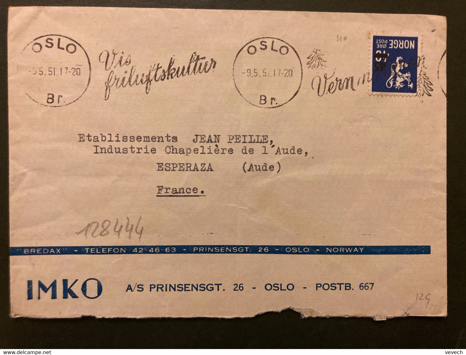 LETTRE Pour La FRANCE TP 40 Surch.45 OBL.MEC.9 5 51 OSLO + IMKO - Brieven En Documenten