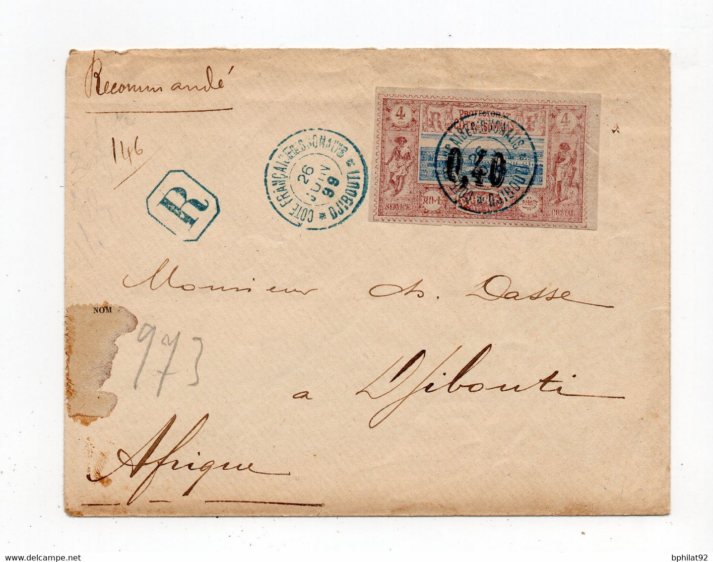 !!! COTE FRANCAISE DES SOMALIS, LETTRE RECOMMANDEE DE DJIBOUTI POUR DJIBOUTI DU 26/6/1899 - Storia Postale