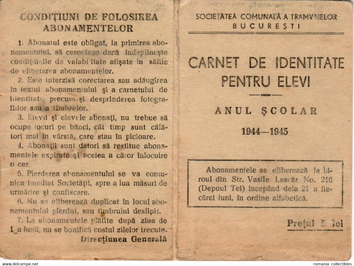 Romania, 1944, Bucharest Tramway - Vintage Transport Pass / ID Card, ITB - Other & Unclassified