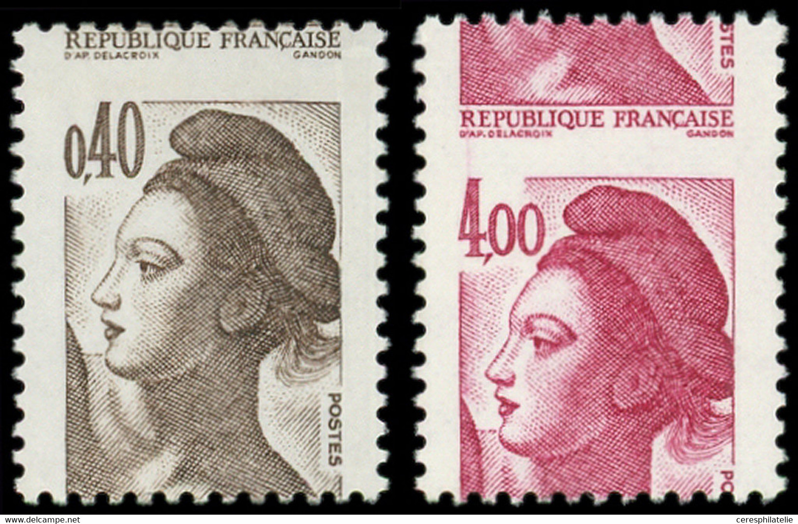 ** VARIETES - 2183j Et 2244d, Liberté, 0,40 Brun Et 4,00 Rouge-carmin, PIQUAGE à CHEVAL, TB - Varieteiten: 1980-89 Postfris