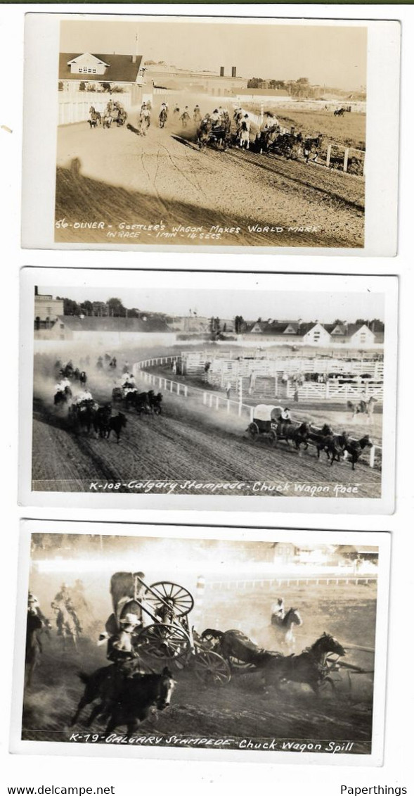 3 Real Photo Postcards, Canada, Alberta, Calgary Stampede, Chuck Wagon Race, World Record, Accident, Horse, Cowboy. - Calgary