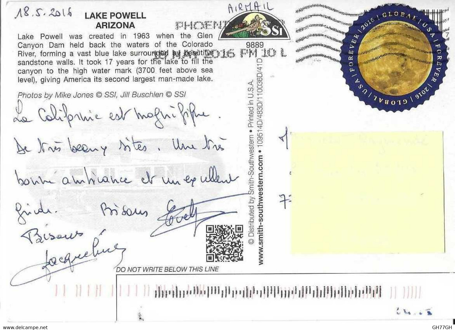 CP LAKE POWELL -circulée/timbrée -stamp Global USA Forever 2016 - Lake Powell