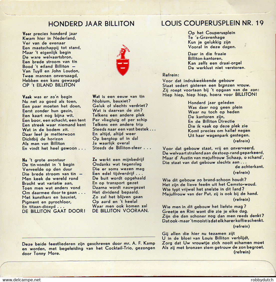 * 7" * COCKTAIL TRIO - 100 JAAR BILLITON MAATSCHAPPIJ (Holland 1960 EX) - Otros - Canción Neerlandesa