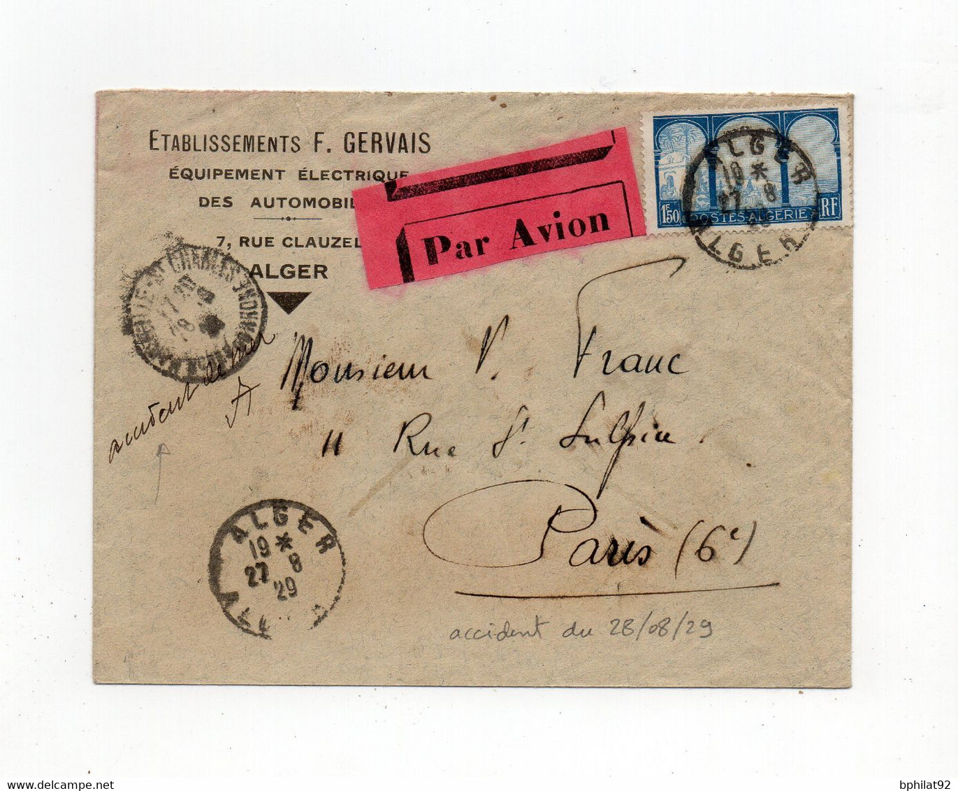 !!! LETTRE PAR AVION D'ALGER POUR PARIS, RESCAPEE DE L'ACCIDENT DU 28/8/1929, MENTION MANUSCRITE "ACCIDENT DE MER" - Ramppost