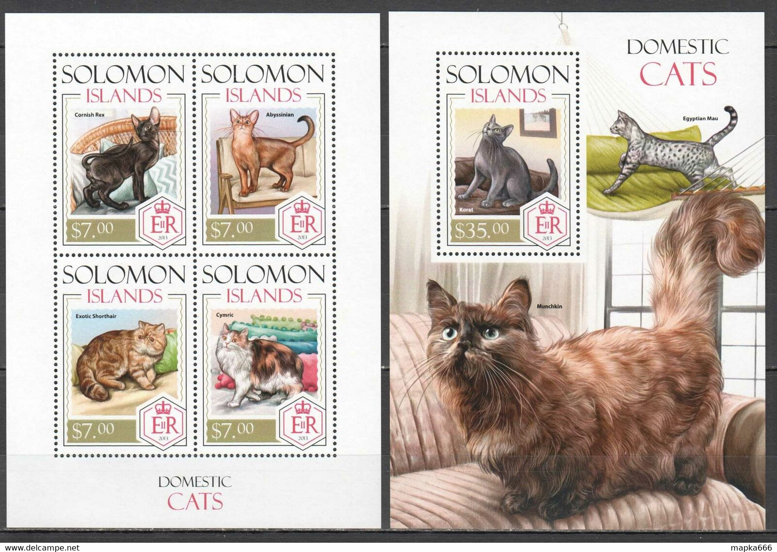 LS300 2013 SOLOMON ISLANDS CATS DOMESTIC ANIMALS #2327-31 1KB+1BL MNH - Gatos Domésticos