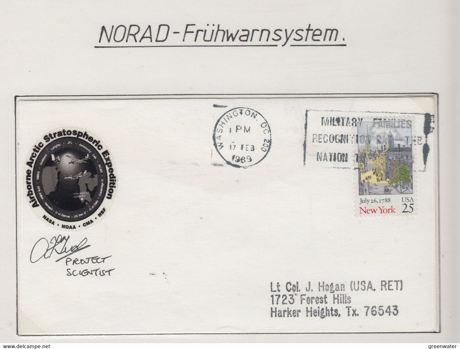 USA Early Warning System Airborne Arctic Stratospheric Expedition Cover Signature  Ca Washington 17 FEB 1969  (EW152) - Polar Flights