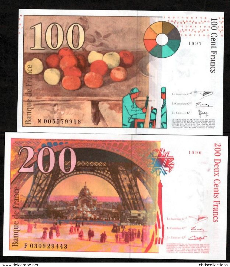 FRANCE - Lot De 2 Billets Français - 100F Cézanne 1997 - 200F Eiffel 1996 - SUP - Non Classés