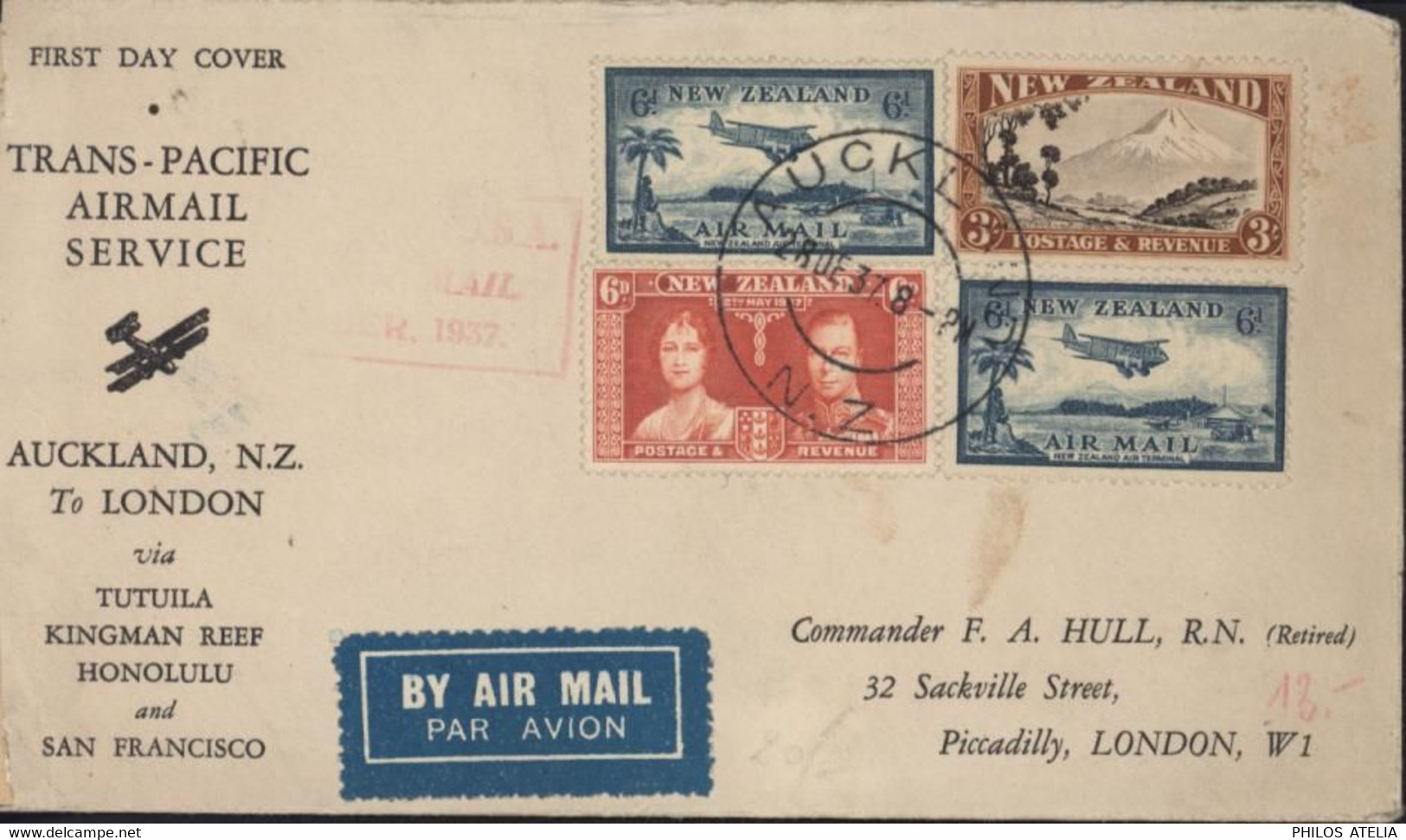 New Zealand By Air Mail FDC First Day Cover Trans Pacific Airmal Service Auckland To London CAD Auckland 28 DEC 37 - Airmail