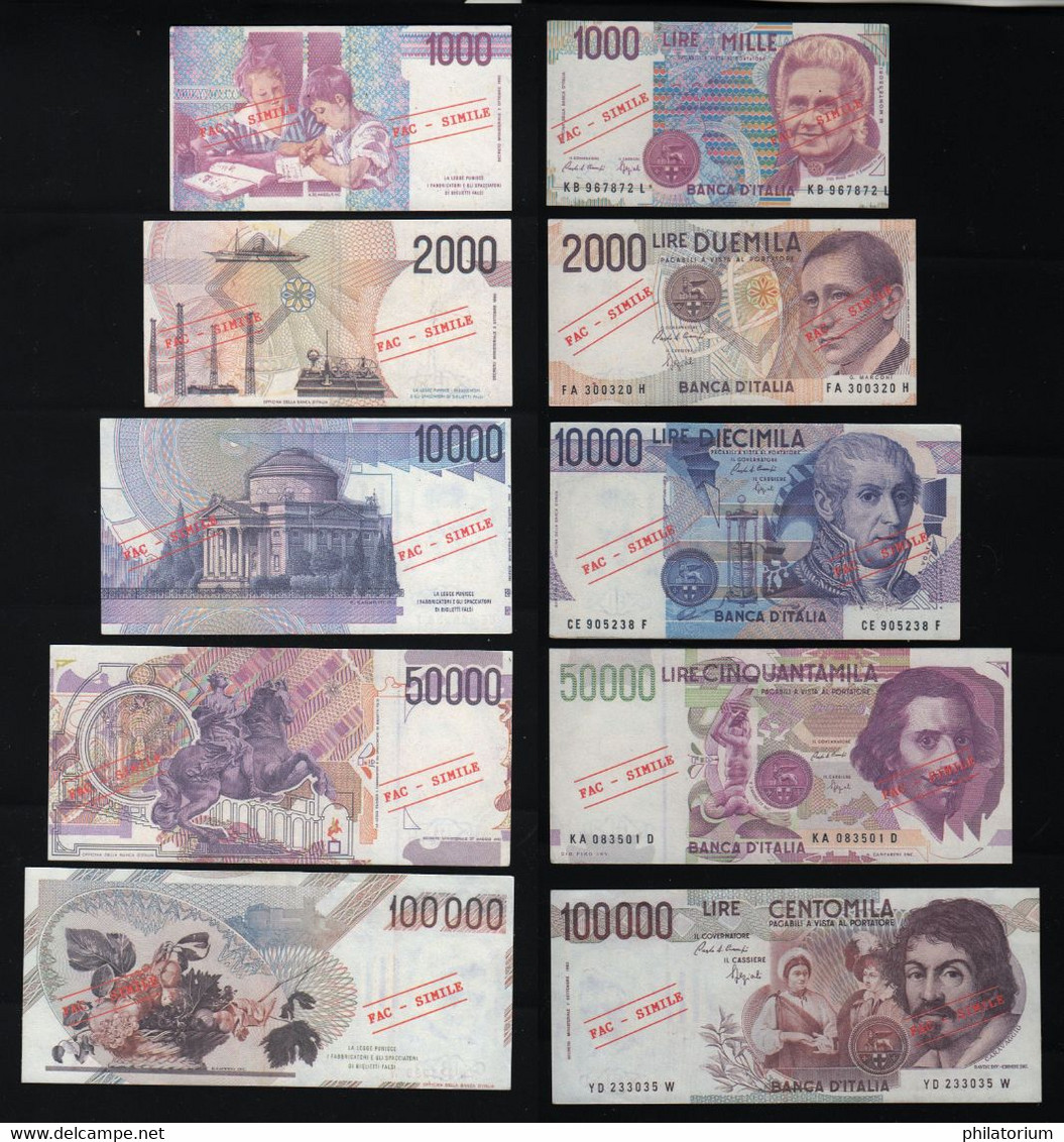 Italie Fac - Simile; 1000, 2000, 10000, 50000, 100000 Lire; Usagés - [ 8] Vals En Specimen