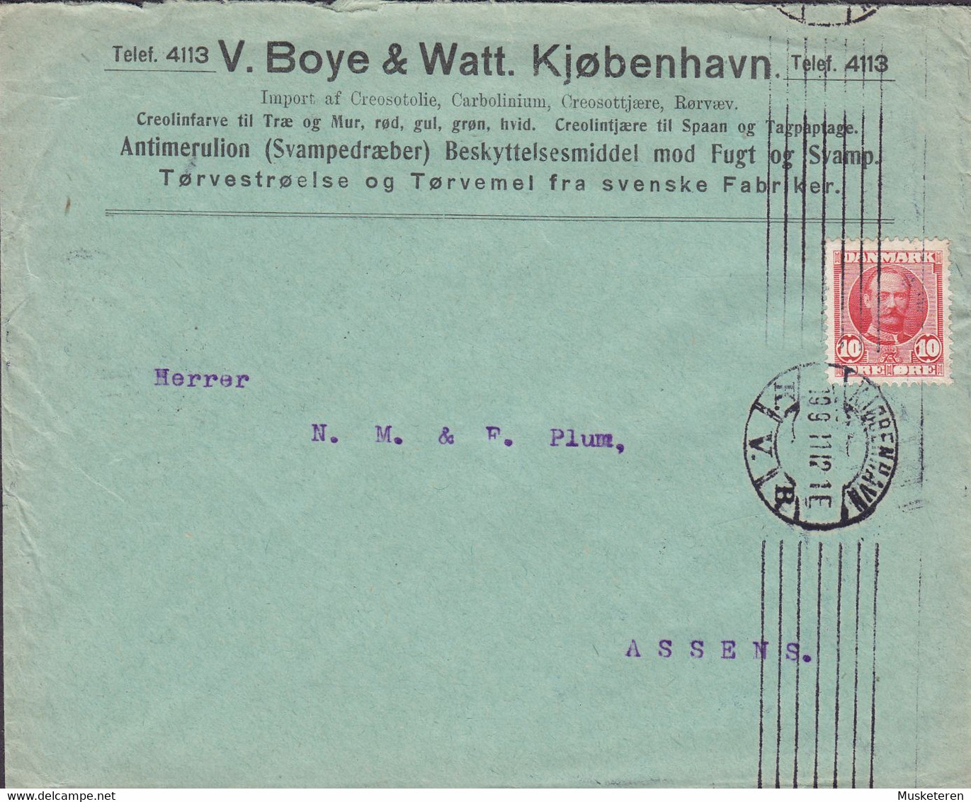 Denmark V. BOYE & WATT Antimerulion (Svampedræber), TMS Cds. KJØBENHAVN K.V.B. 1911 Cover Brief ASSENS (Arr.) - Covers & Documents