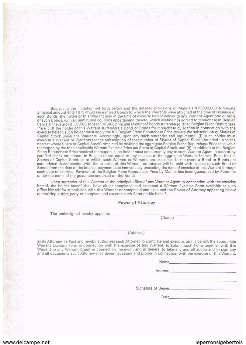 Titre Ancien - FINA  - Warrant Permettant De Souscrire à Des Actions Petrofina - N° 11259 - Oil