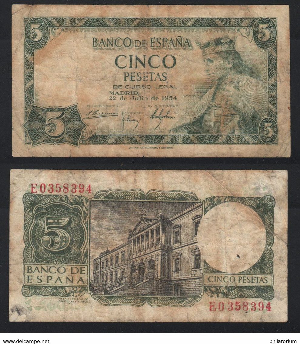 Espagne, 5 Pesetas; E0358394, Juillet 1954, P 146 A2, Usagé - 5 Pesetas